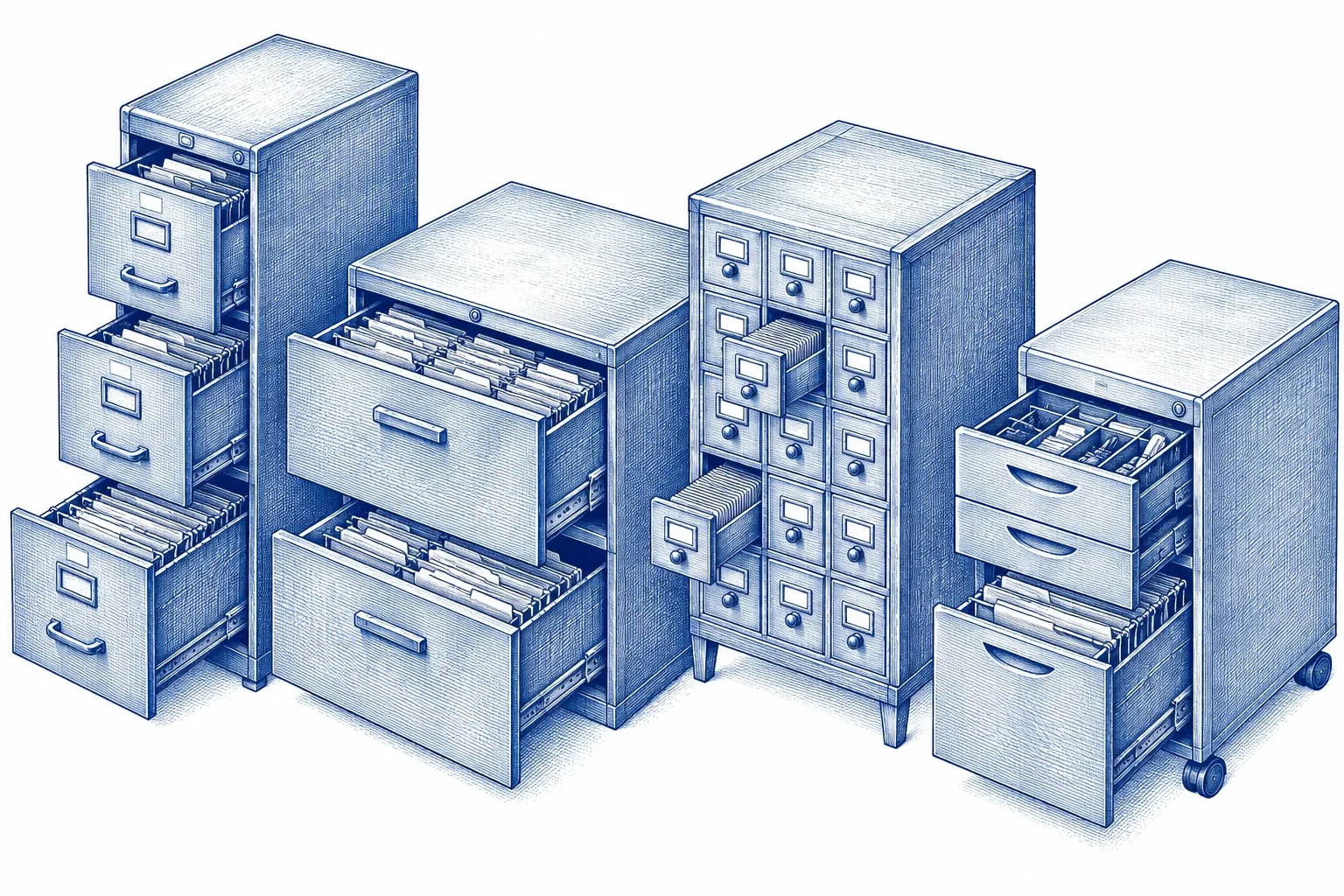 Engraving of filing cabinets of different designs with their drawers open