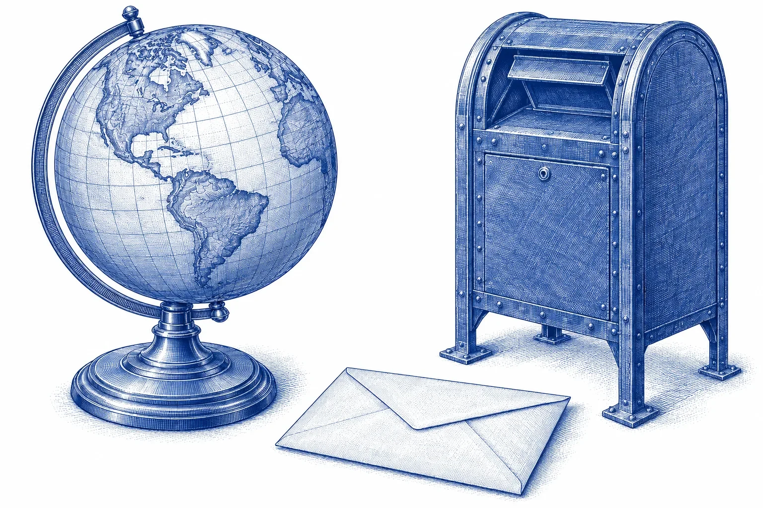 Engraving of a globe beside a street mailbox and a blank pay envelope